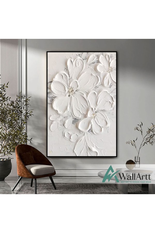 Embossed White Flowers 3d Heavy Textured Partial Oil Painting